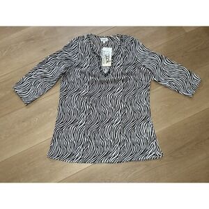 Berek Travelsmith Sheer Top Womens Medium Black White Floral Hand Sewn Beads New